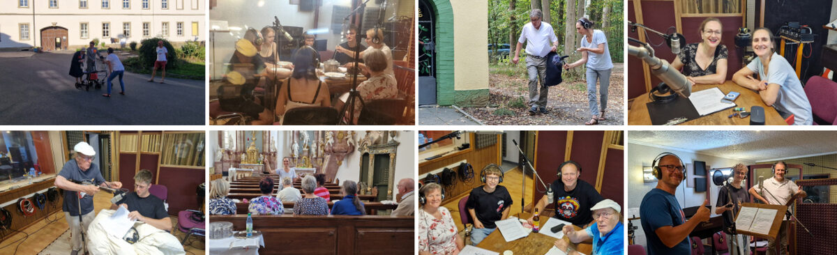 Fotobanner: Eindrücke von der Entstehung des Hörspiels – Aufnahmen im Studio, in der Kirche und bei Außendrehs